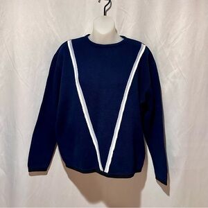 Vintage 60s Mod Navy Blue Chevron Stripe 100% Thick Wool Ski Sweater Austria